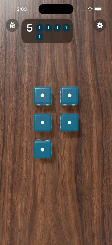 CUBO on iPhone, with colorful dice on a walnut tray
